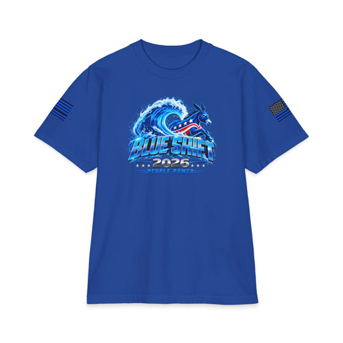 Blue Shift People Power heavyweight tee with the blue wave graphic and PEOPLE POWER front print