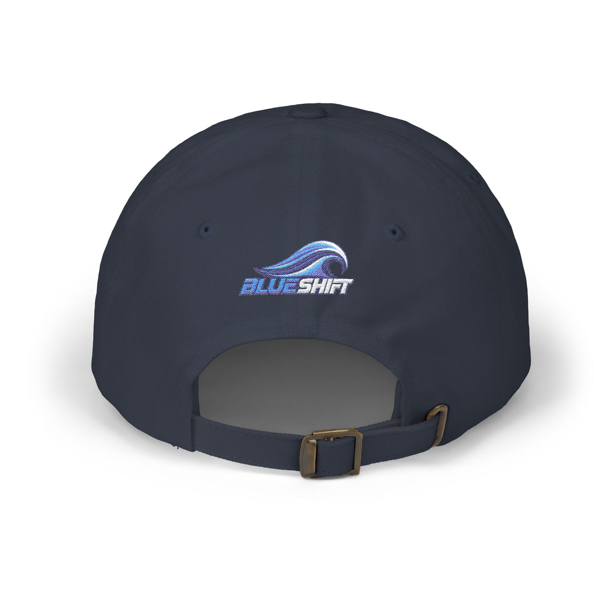 Navy Blue Shift dad cap, back view with the wave wordmark and brass buckle strap