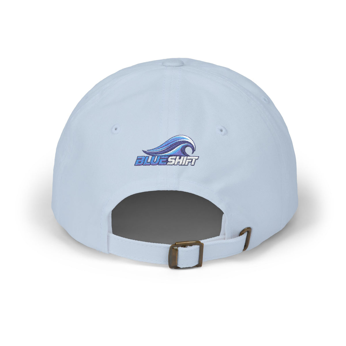Light blue Blue Shift dad cap, back view with the wave wordmark and brass buckle strap