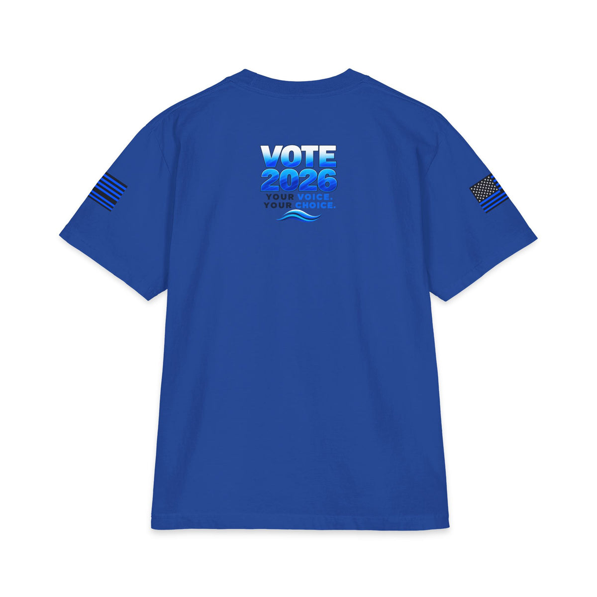 Blue Shift People Power heavyweight tee showing the VOTE 2026 upper-back graphic