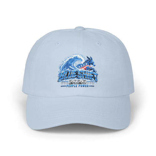 Light blue Blue Shift dad cap, front view with the Blue Shift 2026 PEOPLE POWER logo