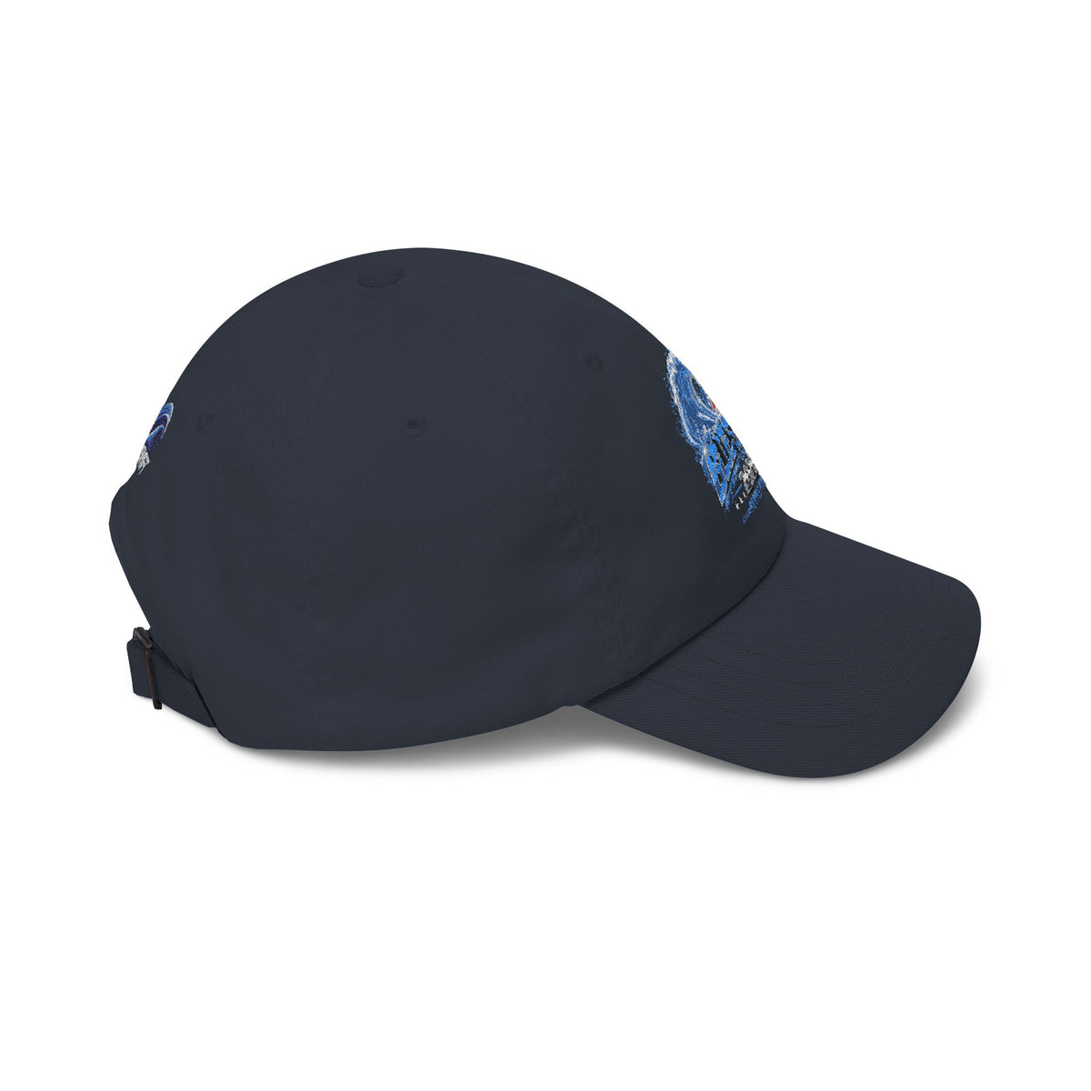 Navy Blue Shift dad cap, side view showing the curved visor